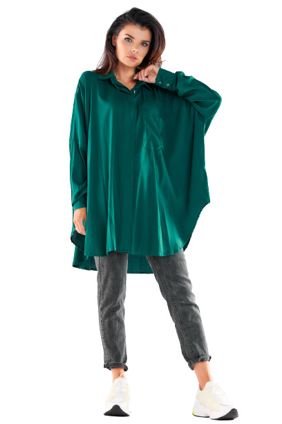 Koszula damska oversize z wiskozy lużna z długim rękawem zielona
